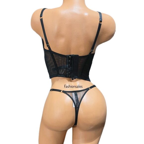 Victorias Secret Very Sexy Set Heart Embroid Mesh faux leather corset bra thong - Picture 4 of 7